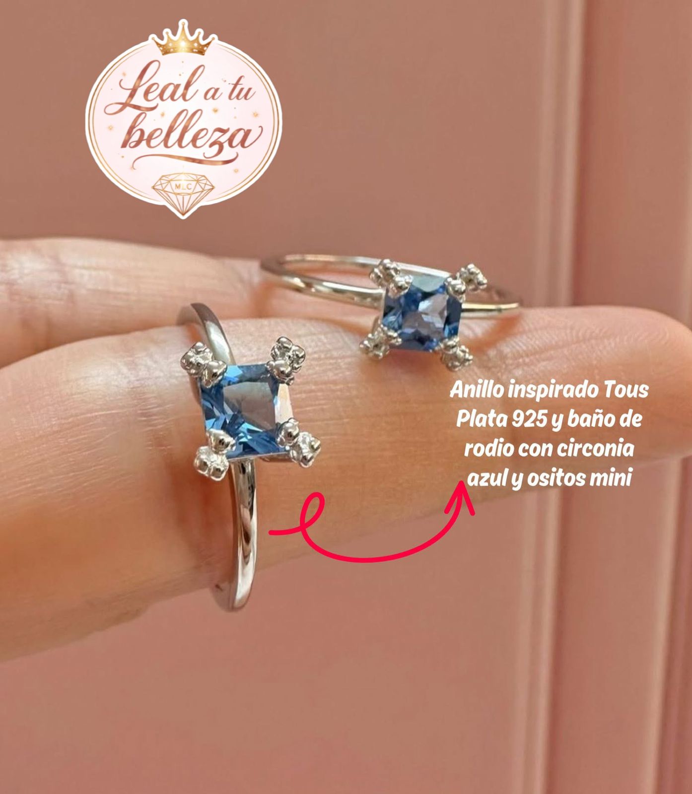 Anillo inspirado Tous Azul con baño de rodio