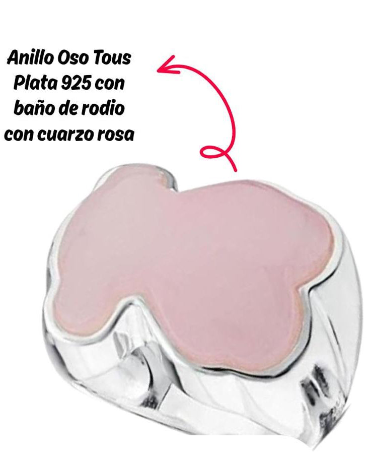 Anillo inspiración 1.1 oso plata 925 con baño de rodio con cuarzo roso