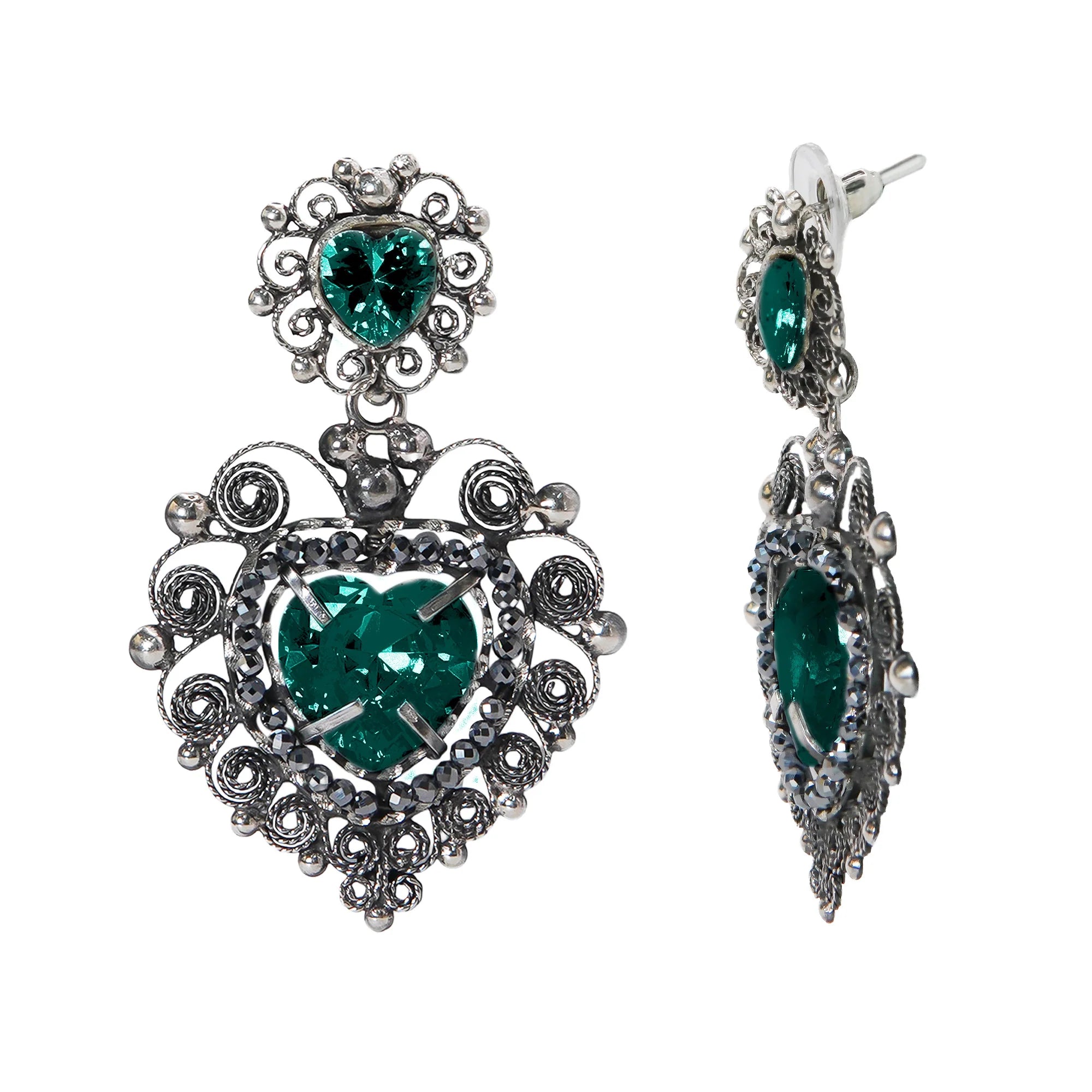 Aretes Filigrana Corazón Doble 5 cm con Circonia Verde y Piedra Gris Hematite Distintos Colores Hecho a Mano Plata .925 Oxidado