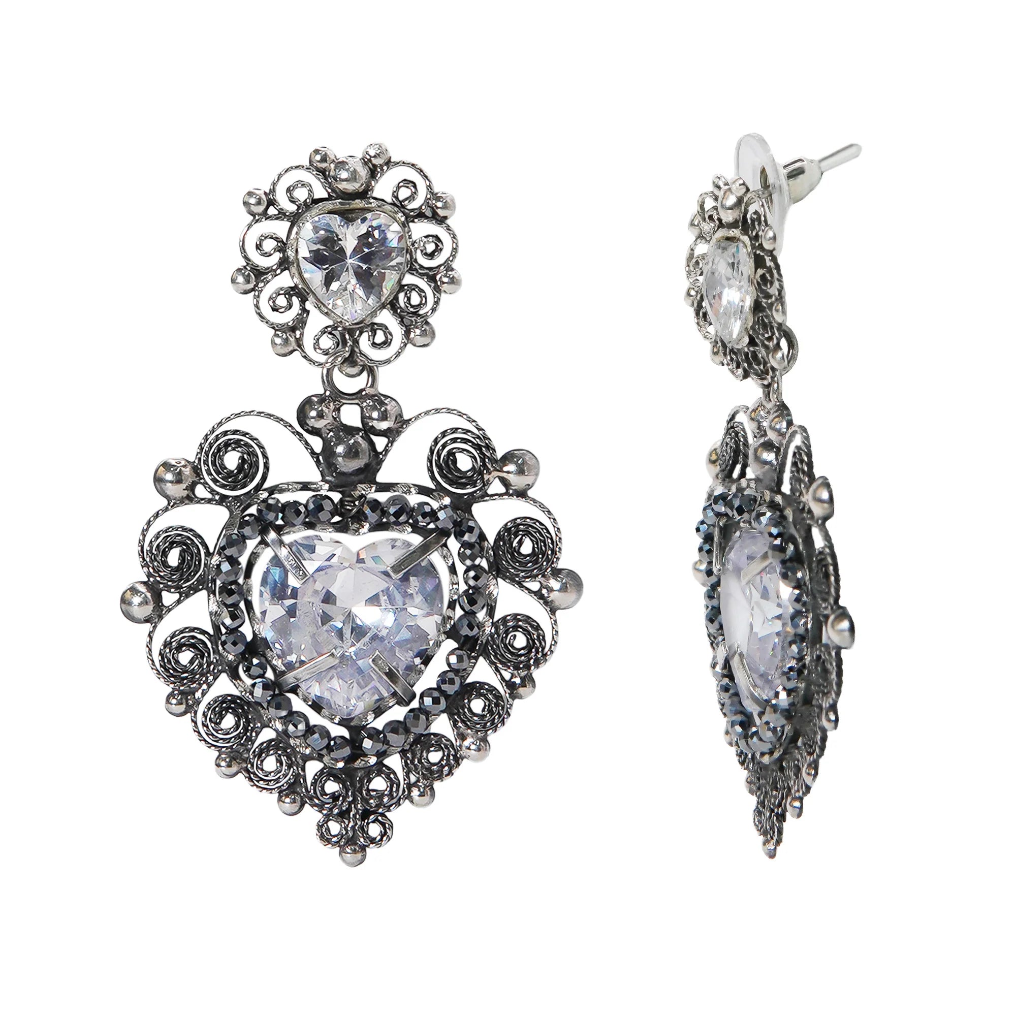 Aretes Filigrana Corazón Doble 5 cm con Circonia y Piedra Gris Hematite Distintos Colores Hecho a Mano Plata .925 Oxidado