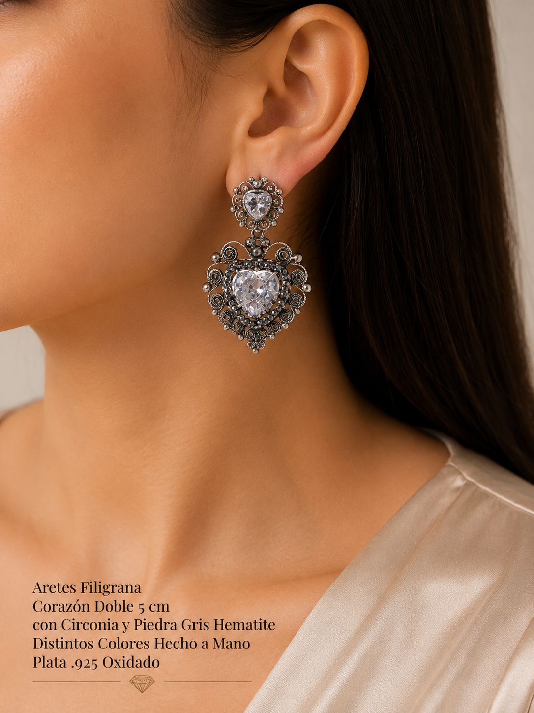 Aretes Filigrana Corazón Doble 5 cm con Circonia y Piedra Gris Hematite Distintos Colores Hecho a Mano Plata .925 Oxidado