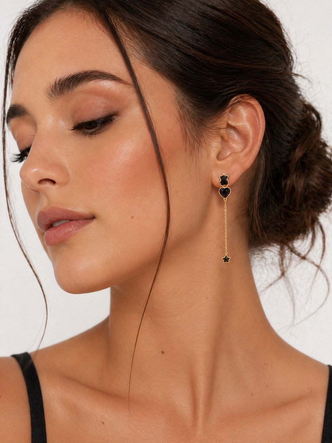 Arete Largos Osos 1.1 Con Corazón y Estrellas Piedra Onix, Plata 925 Con Baño de Oro