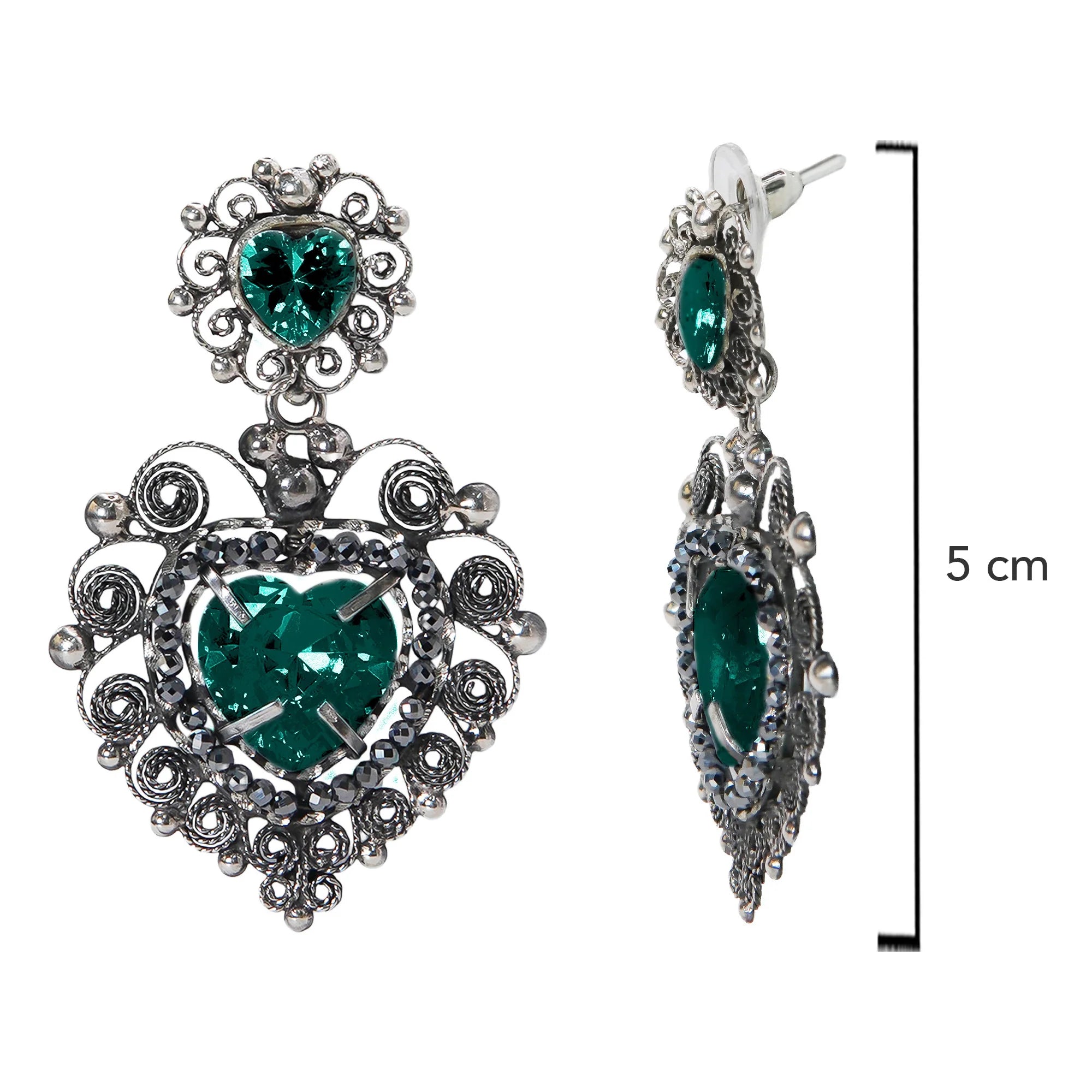 Aretes Filigrana Corazón Doble 5 cm con Circonia Verde y Piedra Gris Hematite Distintos Colores Hecho a Mano Plata .925 Oxidado