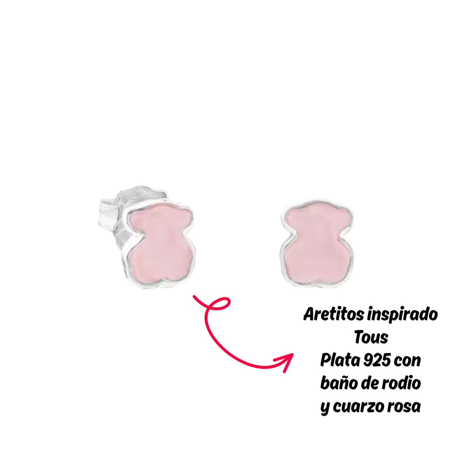 Aretitos inspirado 1.1  oso plata .925 con baño de rodio y cuarzo rosa