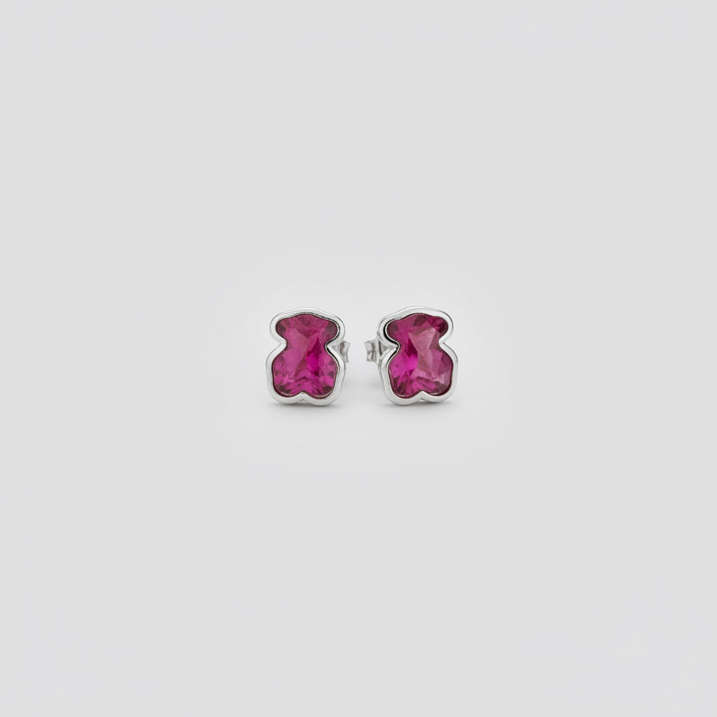 Arete inspirado 1.1 Oso plata 925 con baño de rodio y cuarzo rosa fiusha