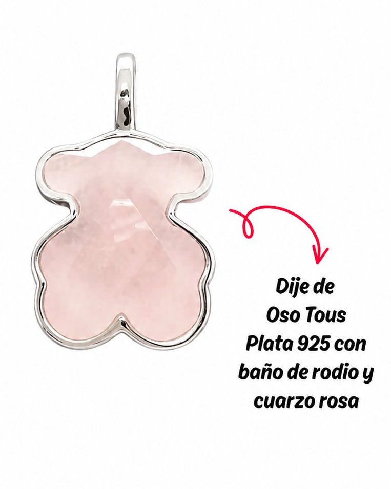 Dije Inspirado Oso 1:1 plata 925 con baño de rodio y cuarzo rosa