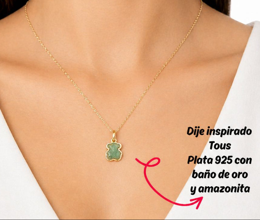 Dije inspiración oso plata 925 con baño de oro y amazonita