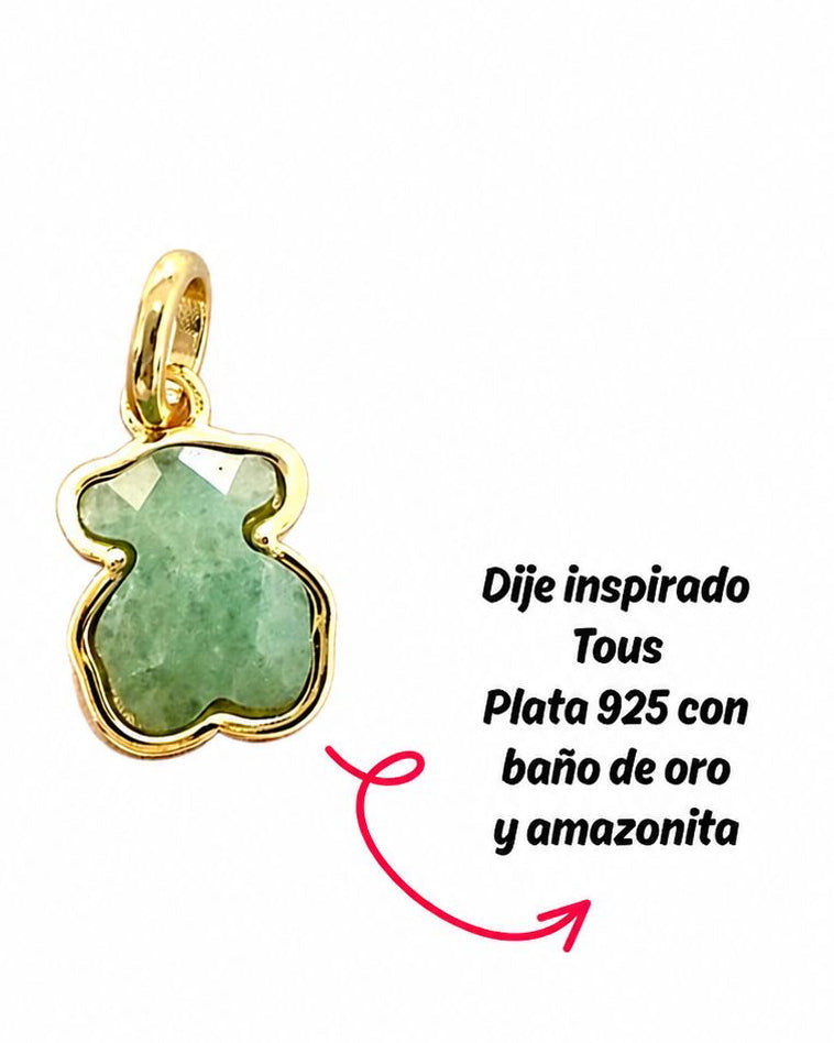 Dije inspiración oso plata 925 con baño de oro y amazonita