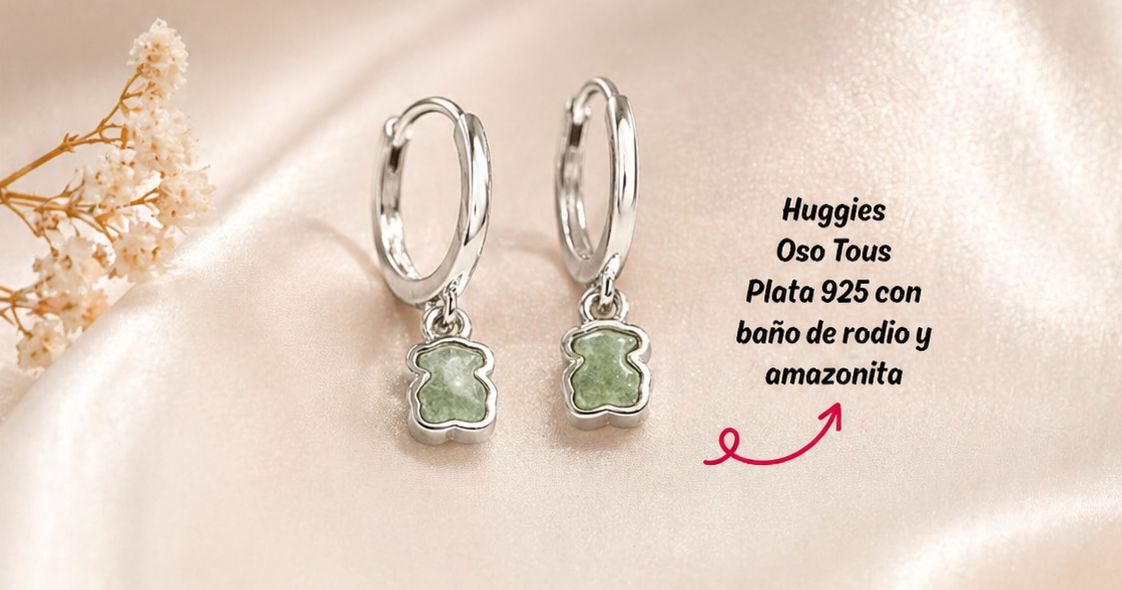 Huggies inspirados 1:1 Oso plata 925 baño de rodio y amanzonita verde