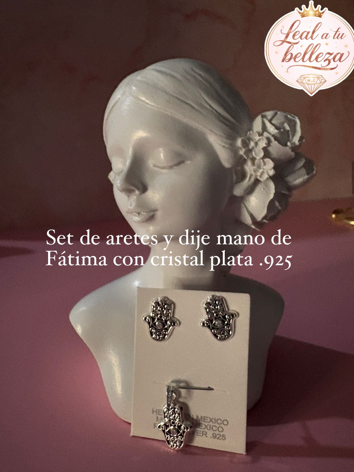 Set de aretes y dije Mano de Fatima con cristal