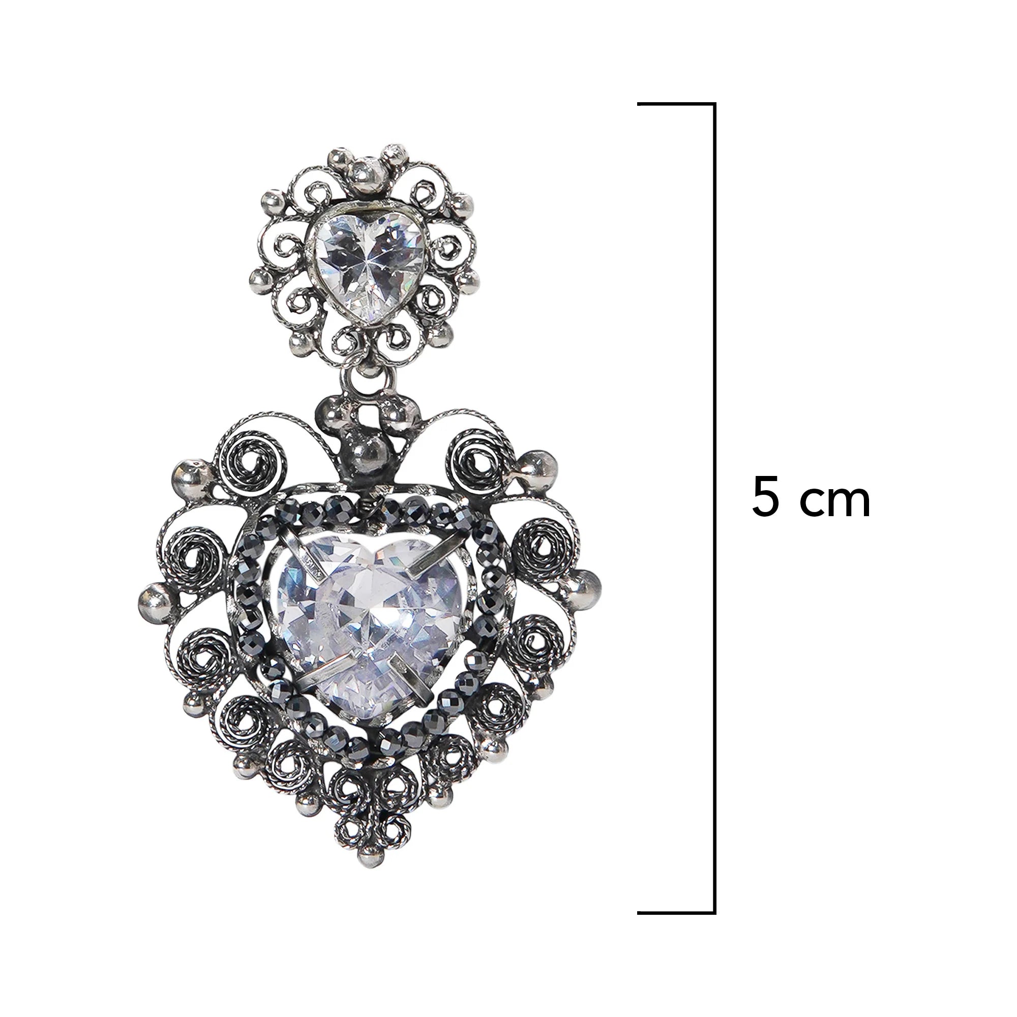 Aretes Filigrana Corazón Doble 5 cm con Circonia y Piedra Gris Hematite Distintos Colores Hecho a Mano Plata .925 Oxidado