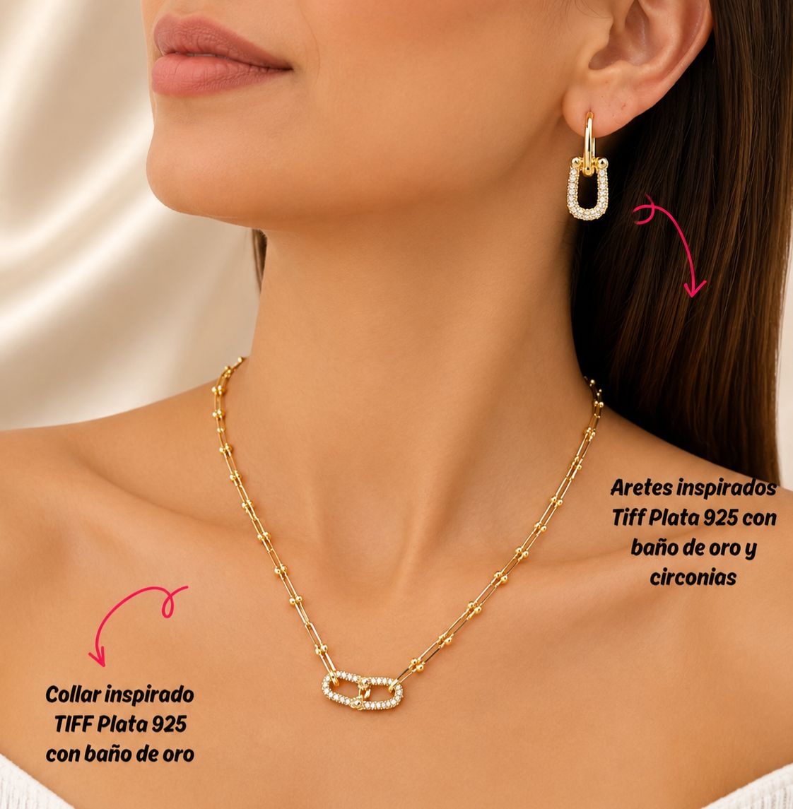 Collar y aretes inspiracion Tif Plata 925 con baño de oro y circonias