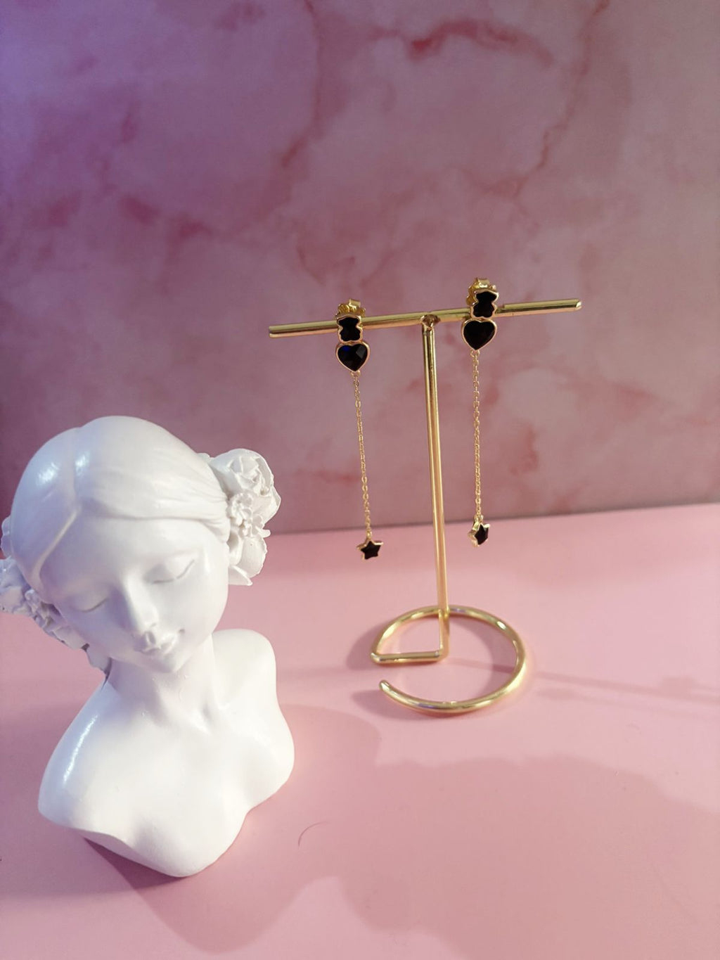 Arete Largos Osos 1.1 Con Corazón y Estrellas Piedra Onix, Plata 925 Con Baño de Oro