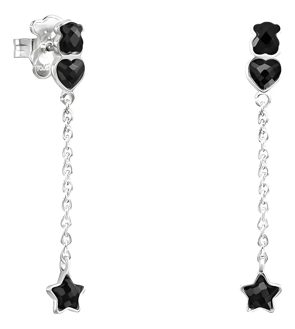 Arete Largos Osos 1.1 Con Corazón y Estrellas Piedra Onix, Plata 925 Con Baño de Rodio