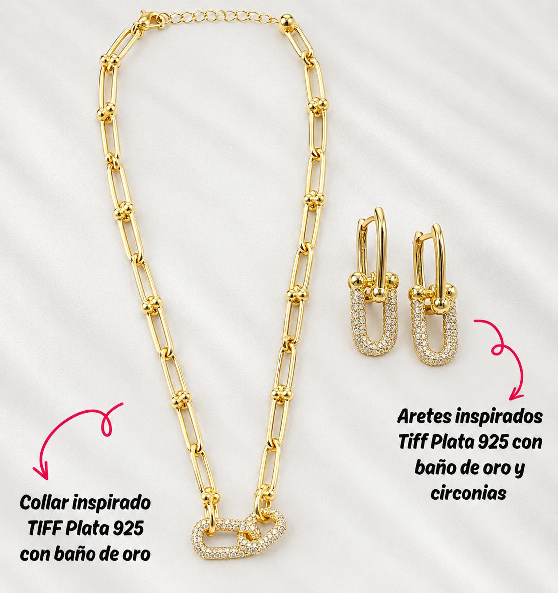 Collar y aretes inspiracion Tif Plata 925 con baño de oro y circonias