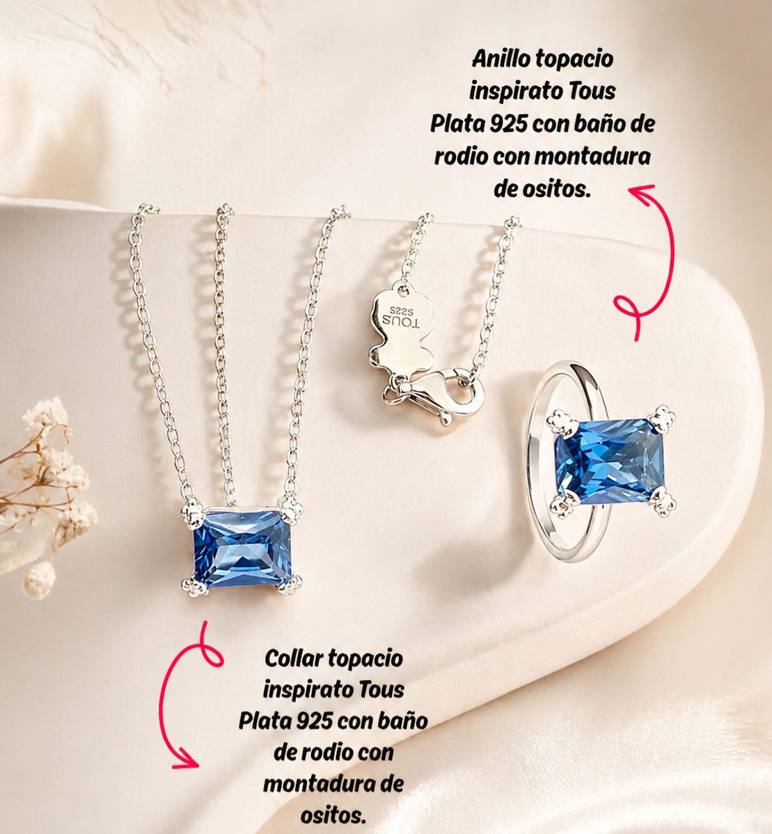 Set de anillo cuadrado y dije inspirado 1.1 Oso topacio