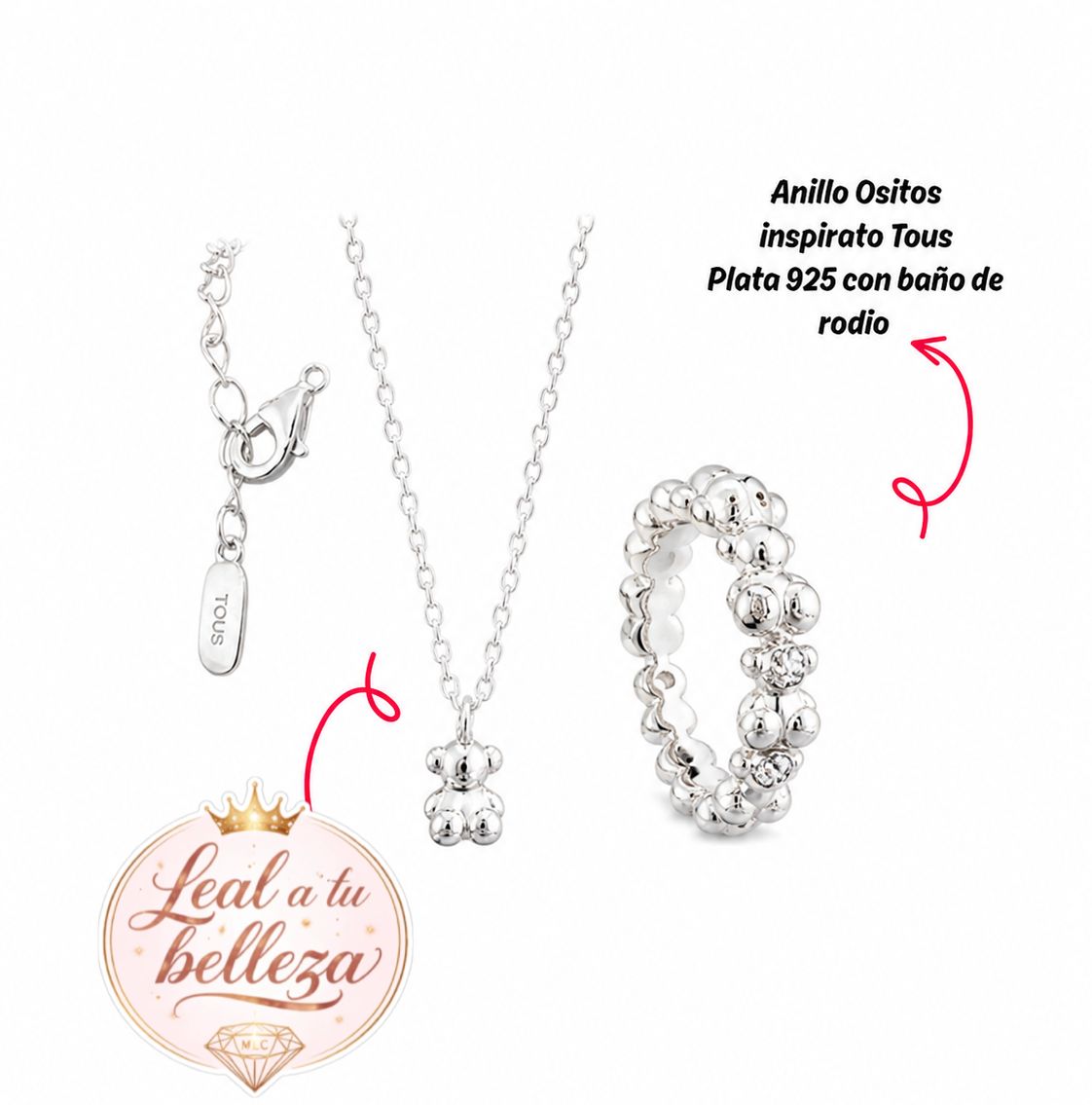 Set de collar inspirado 1.1 oso con anillo oso bombeado plata 925 con baño de rodio
