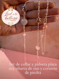 Set de pulsera y collar con dije silueta de oso y corazón de piedra