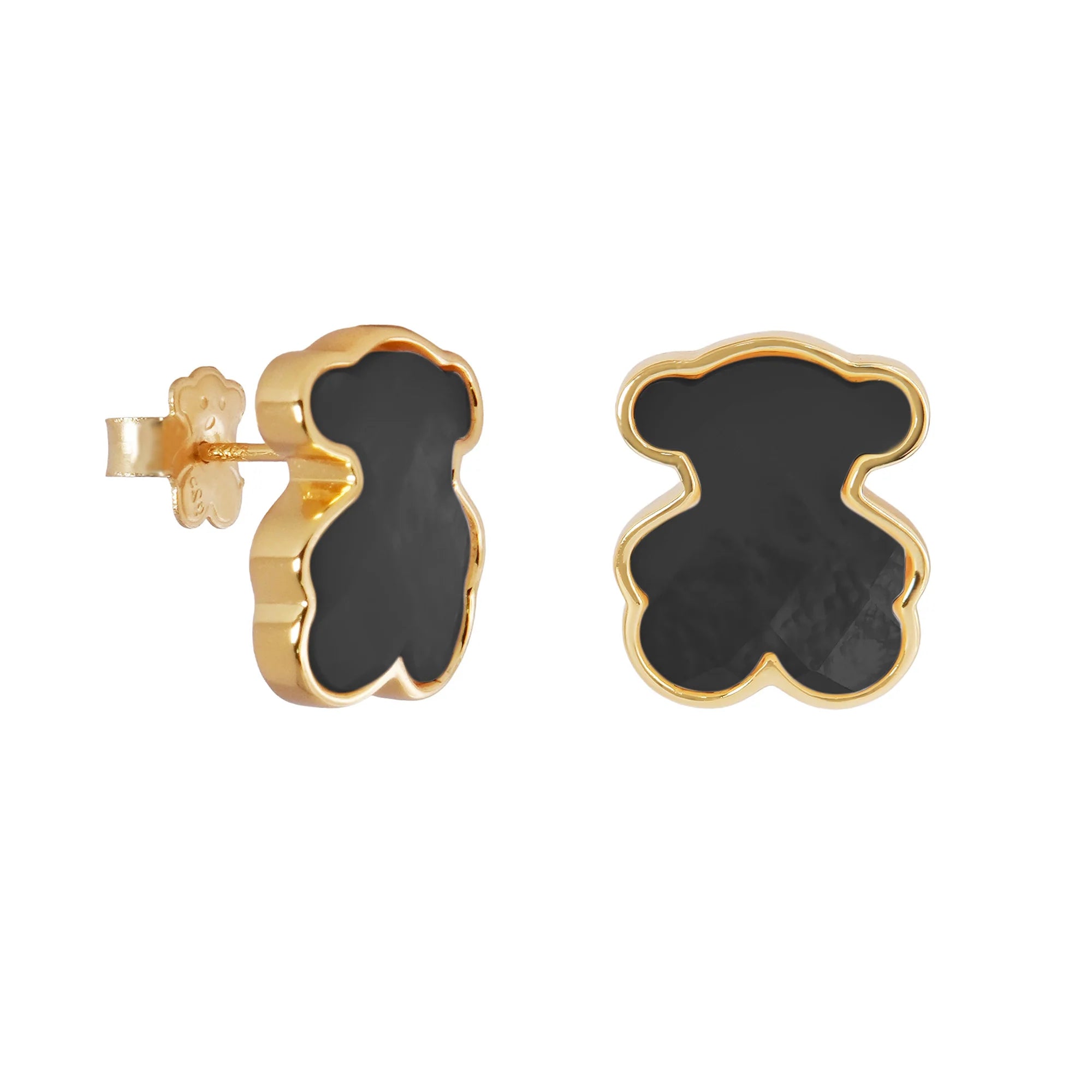 Broquel Inspirado Osos 1-1 Onix Facetado Plata .925 con Baño de Oro